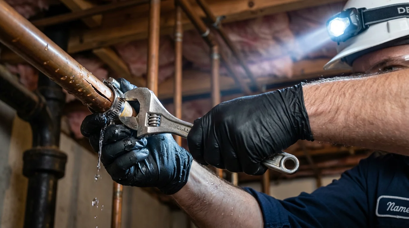 Emergency pipe clamp repair being performed by a Johns Plumbing LLC plumber in Bassett