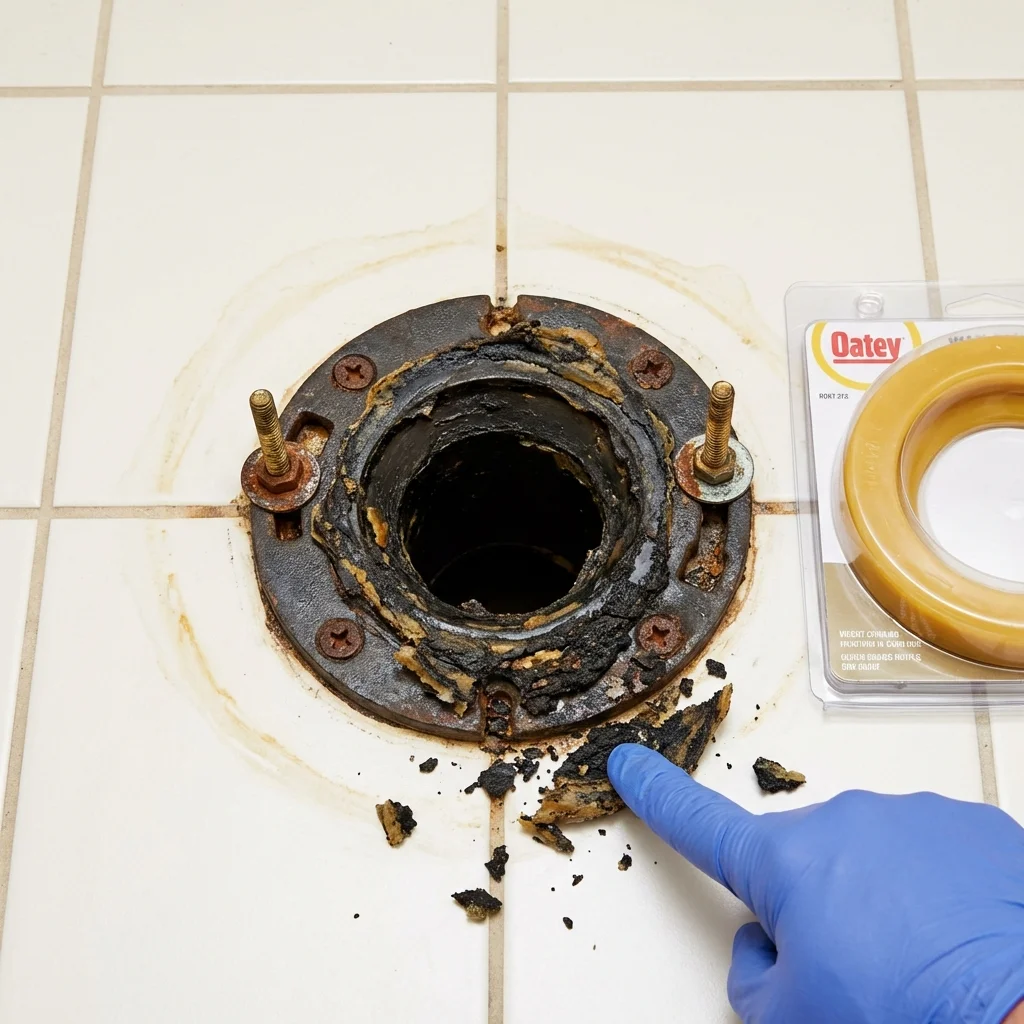 Failed wax ring showing water seepage at the base of a toilet in a Bassett, VA home