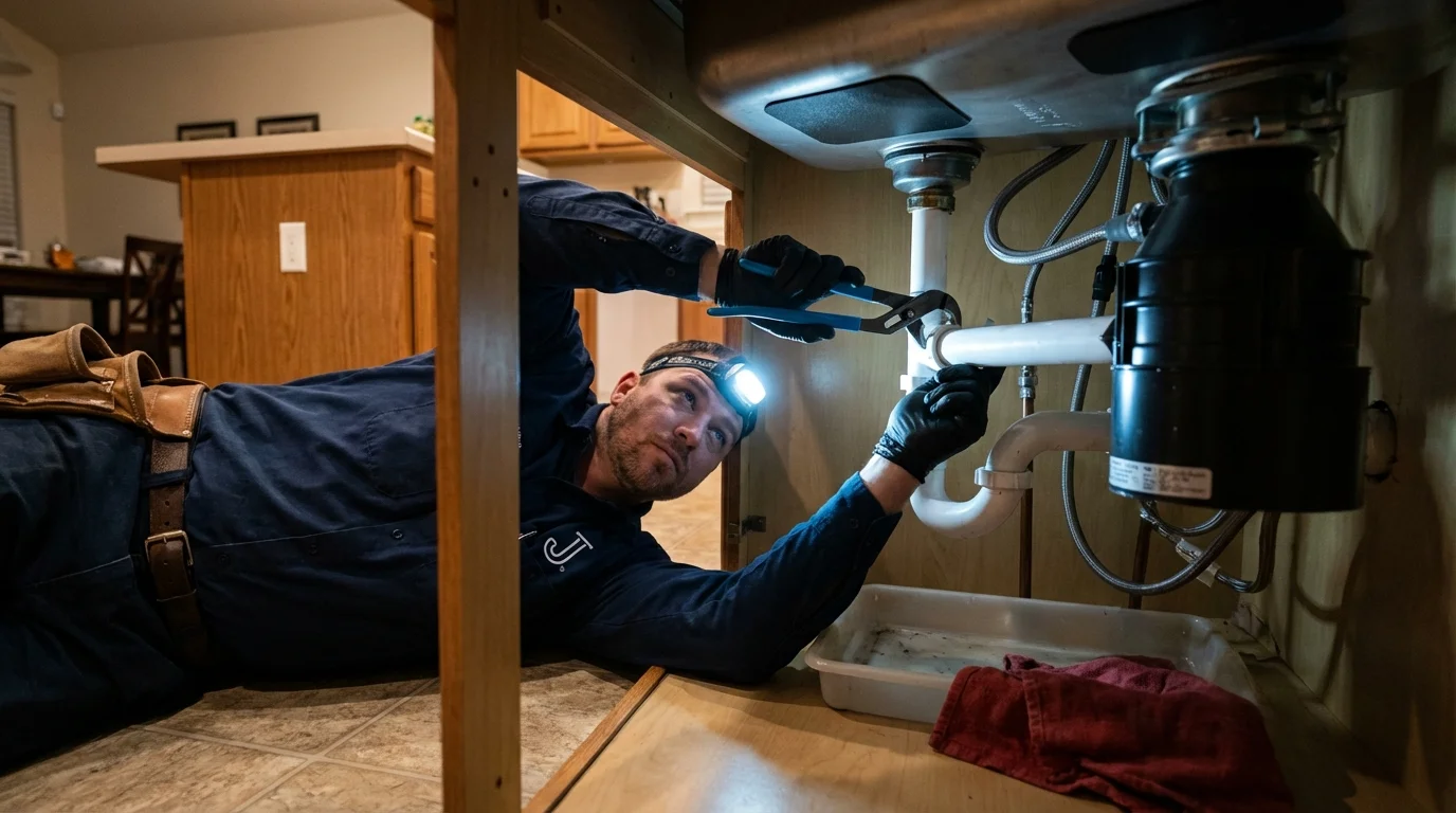 P-trap and supply line connections under a kitchen sink showing a common leak point in Bassett, VA